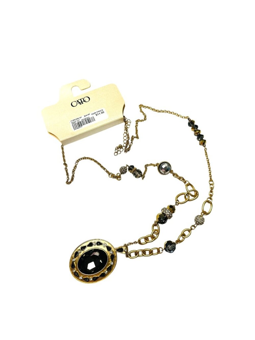 Cato Extra Long Gold-Tone Necklace With Dark Gray Crystal Beads & Oval Pendant